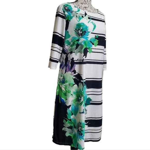 Studio One New York Cream & Black Striped Green Floral Print Midi Dress Medium - Picture 4 of 9